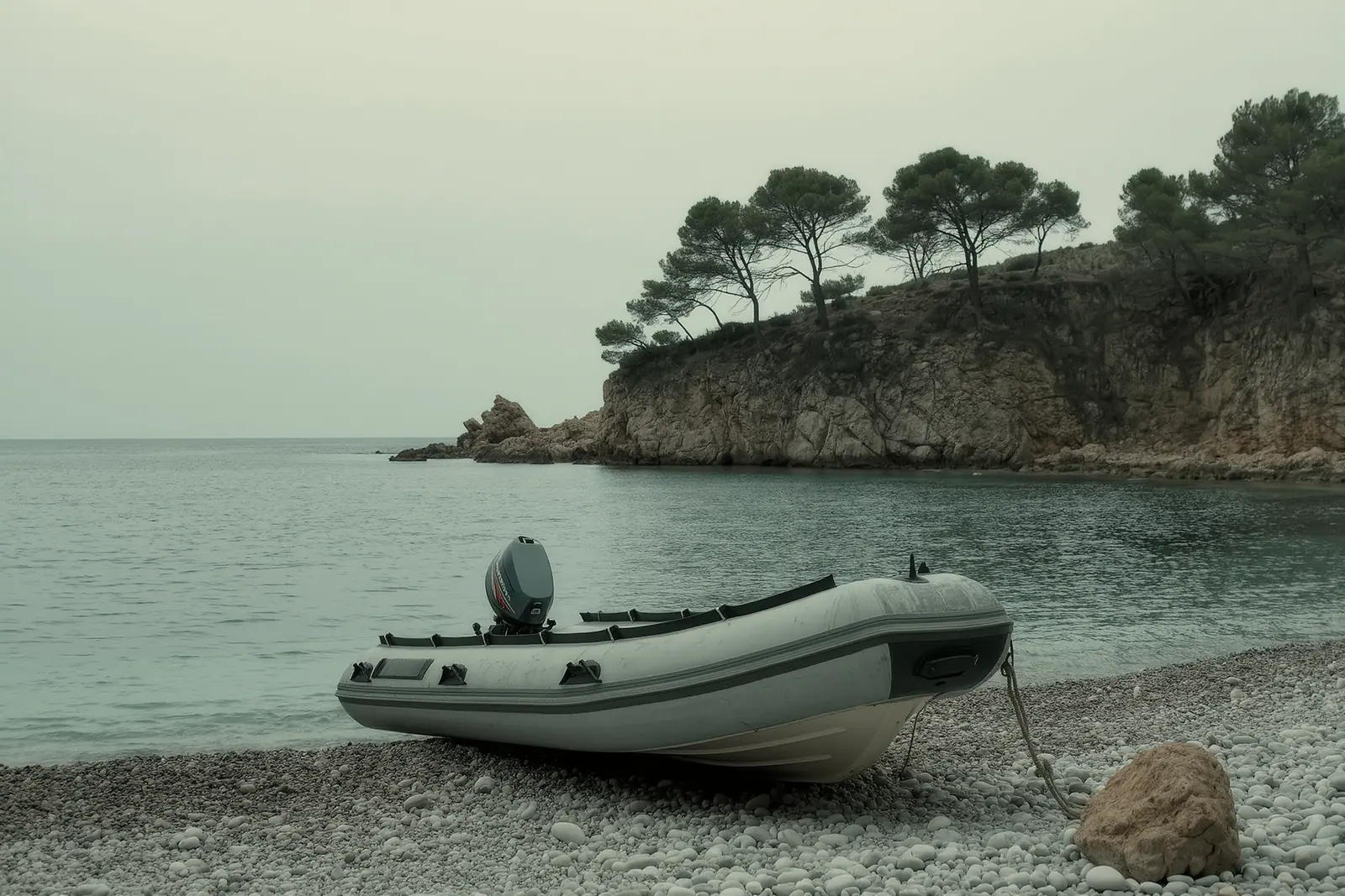 A rigid inflatable tender pulled up on the pebbles of a small Ibizan cala below low cliffs, its bow line running to a rock, worn grey tubes and a plain outboard.