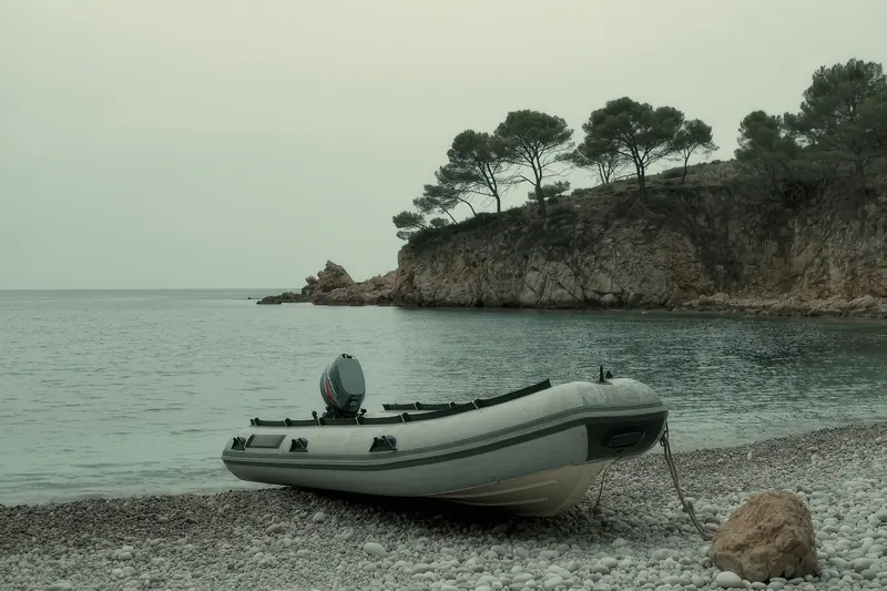 A rigid inflatable tender pulled up on the pebbles of a small cove below low cliffs, its bow line ashore.