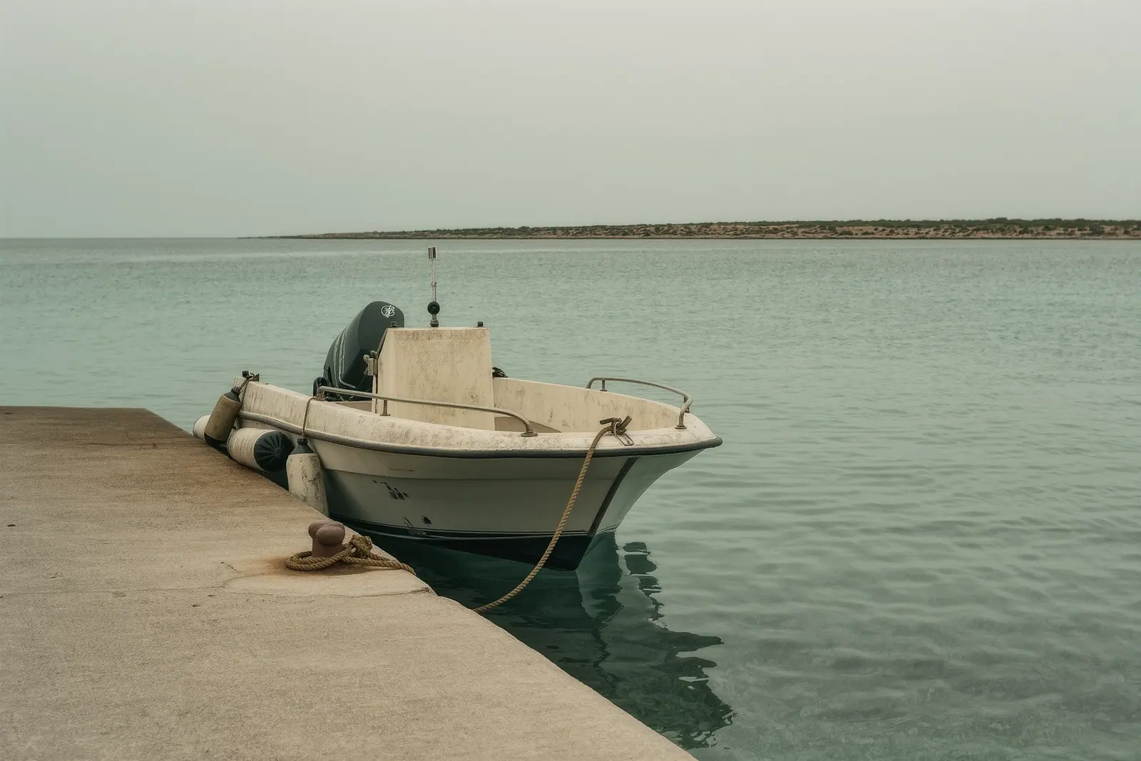 A small open speedboat tied alongside a concrete jetty in Sant Antoni, worn fenders against the wall and salt-crusted rope over a bollard.