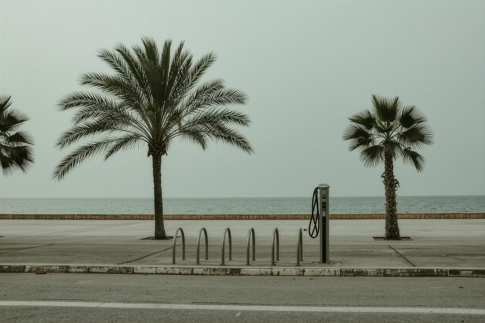 A rental bike stand beside the flat coastal promenade at Santa Eularia, empty steel racks and a public repair post with a hanging pump hose, palms and flat grey sea behind.